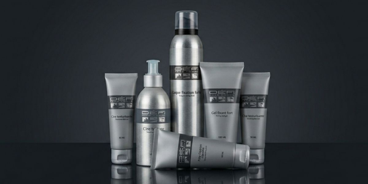Visuel &eacute;ditorial soins cheveux D&eacute;fi pour Homme avec produits de la marque